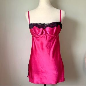 Vintage Y2K VS Hot Pink Satin Slip w Balconette Bra Black Lace Trim